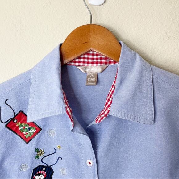White Stag Embroidery Holidays Christmas Cotton Button Up Shirt Women's M - Picture 6 of 10